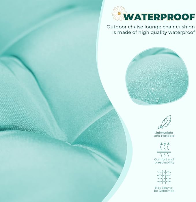 Waterproof Lounge Chair Cushion Outdoor for Chairs, Fade Resistant Chaise Lounger Cushions Replacement with 6 Ties, Thickened Memory Foam Pool Lounge Chair Cushions, 76 x 22 x 4.7 Inches, Teal