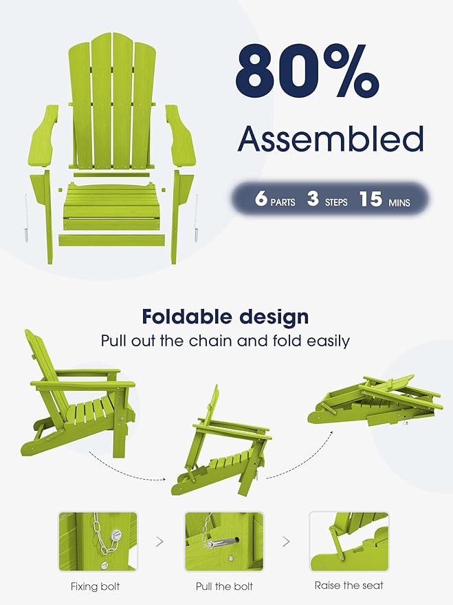 KINGYES Folding Adirondack Chair Set of 6, HDPE All-Weather Folding Adirondack Chair, Apple