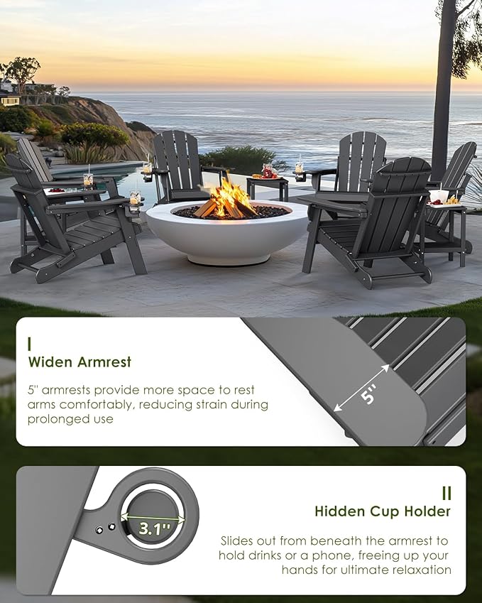GREENVINES Folding-Adirondack-Chairs-Set-of-6 | HDPE Plastic | Fire Pit Chair | All Weather | Cup Holder | Grey | for Deck Backyard Patio Outdoor Garden