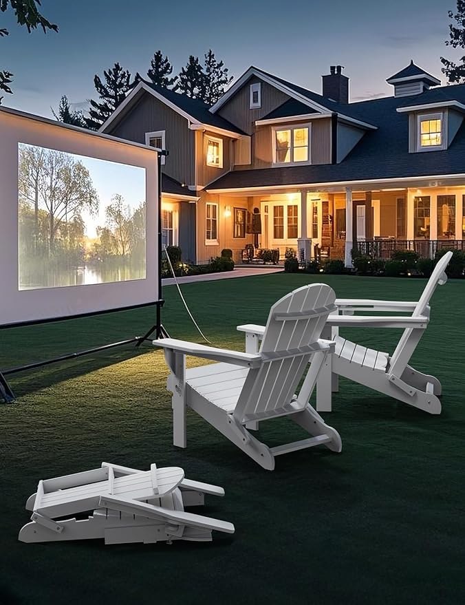 Carauci Plastic HDPE Adirondack Chair, Folding Adirondack Chair Weather Resistant with Cup Holder, Wooden Textured Fire Pit Outdoor Chair for Garden, Porch, Lawn, Backyard, Supports 380LBS, White