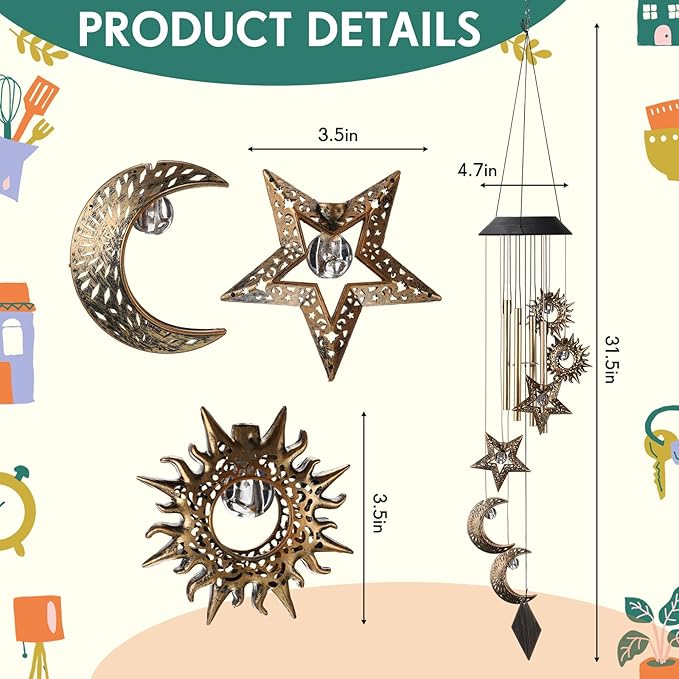 Solar Wind Chimes for Outside Waterproof Hanging Wind Chimes Lights Outdoor Decor Yard Garden Gifts for Mother Mom Grandma Wife Neighbors(Sun Moon Star,Warm Colored Lights)