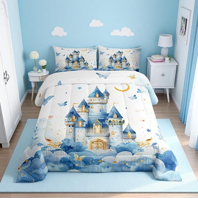 Erosebridal Girls Princess King Bedding Set - Castle Dreamy Comforter Set for Kids Teen, Blue Butterfly Floral Quilt | Moon and Stars Cute Girly Bedroom Decor with 2 Pillowcases