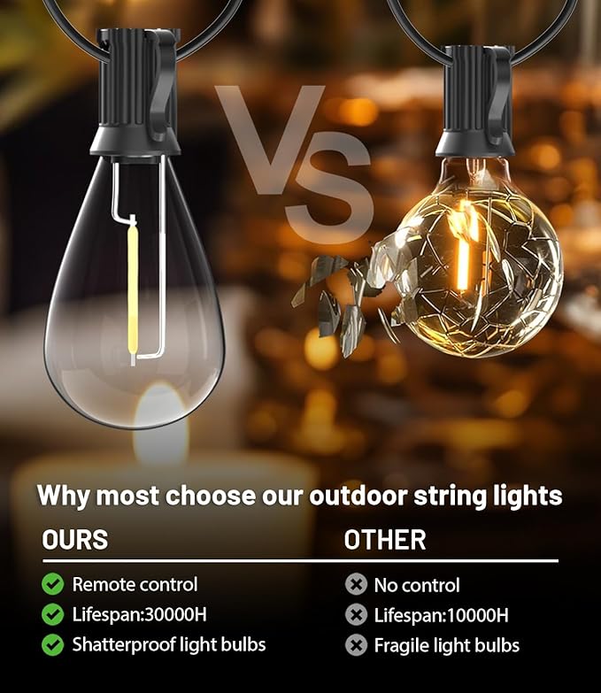 Tenmieo 100FT LED Outdoor String Lights with Remote, 35+ 1 Shatterproof Bulbs Waterproof and Dimmable Patio Lights for Porch, Garden, Backyard, Deck, Balcony, 2700K Hanging Lighting