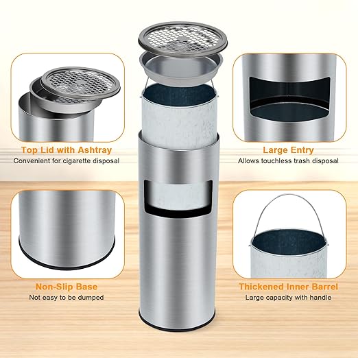 4.5 gal/17 L Trash Can, Stainless Steel Outdoor Trash Cans, Commercial Garbage Can with Removable Inner Bucket, Waste Bin Container with Lid for Outside Patio