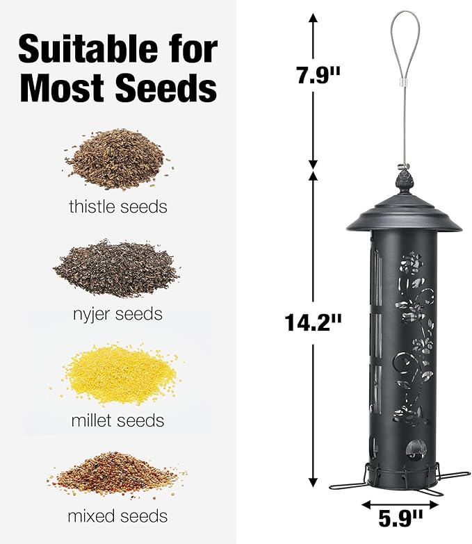 Veehoo Squirrel Proof Bird Feeder for Outdoors, Hanging Wild Bird Feeder Anti Squirrel with Weight-Activated Perches, Metal Cardinal Finch Feeder Outside Decorative for Thistle and Mixed Seed, Black