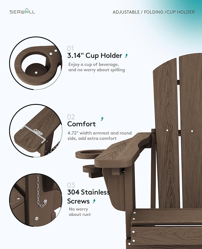 SERWALL Folding Adirondack Chair Set of 8, Adjustable Adirondack Chair with 3 Recline Positions, All Weather HDPE Outdoor Adirondack with Cup Holders, Coffee