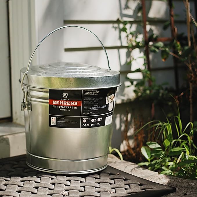 Behrens 6 Gallon Galvanized Steel Storage Can or Waste Bin w/Locking Lid & Handle (2 cans, 2 Orange Grips)