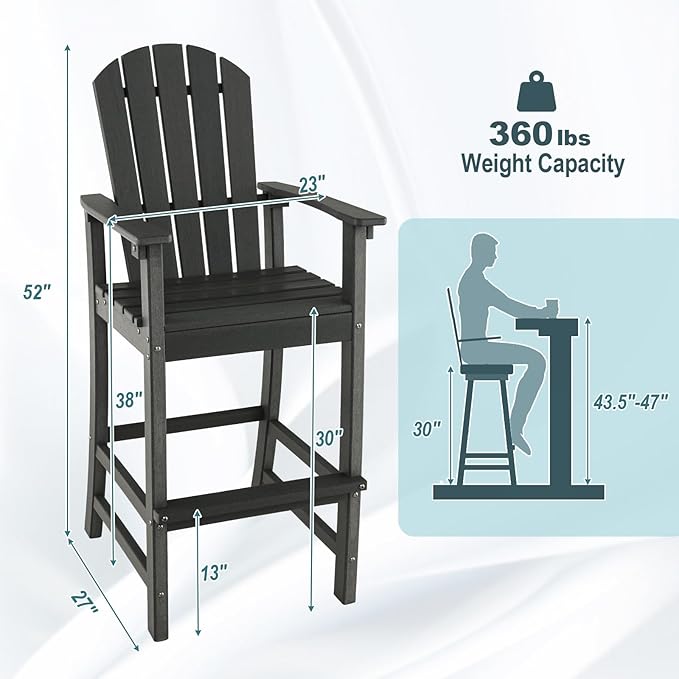 Giantex Outdoor HDPE Bar Stool, Tall Adirondack Chair with Armrests and Footrest, 30 Inches Counter Height Bar Stool for Garden, Backyard, Weather Resistance, Easy Maintenance (2, Black)