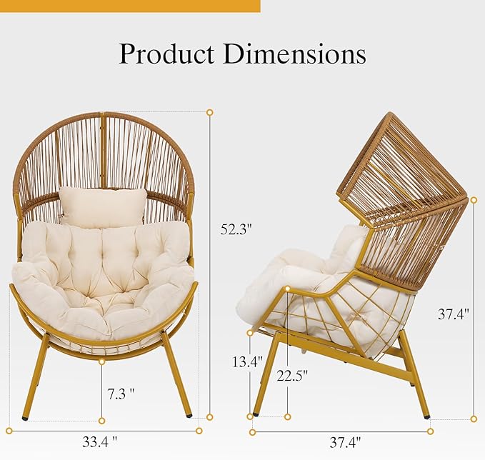 ONBRILL Egg Chair for Outdoor & Indoor, Patio Wicker Chair with Thick Cushion, Oversized Rattan Chairs for Balcony, Porch & Backyard, 550 LBS Heavy Duty & Comfy Basket Chairs for Living Room, Bedroom