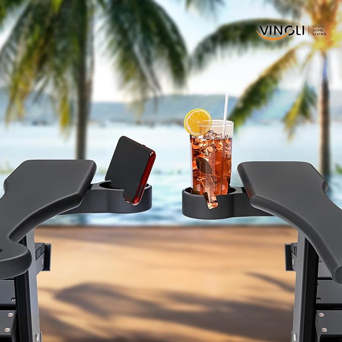 VINGLI Back-Adjustable Plastic Folding Adirondack Chairs Set of 4 with Retractable Footrest & 2-in-1 Cup Holders, Waterproof HDPE Outdoor Fire Pit Chairs for Patio, Pool, Capacity 400 LBS, Black