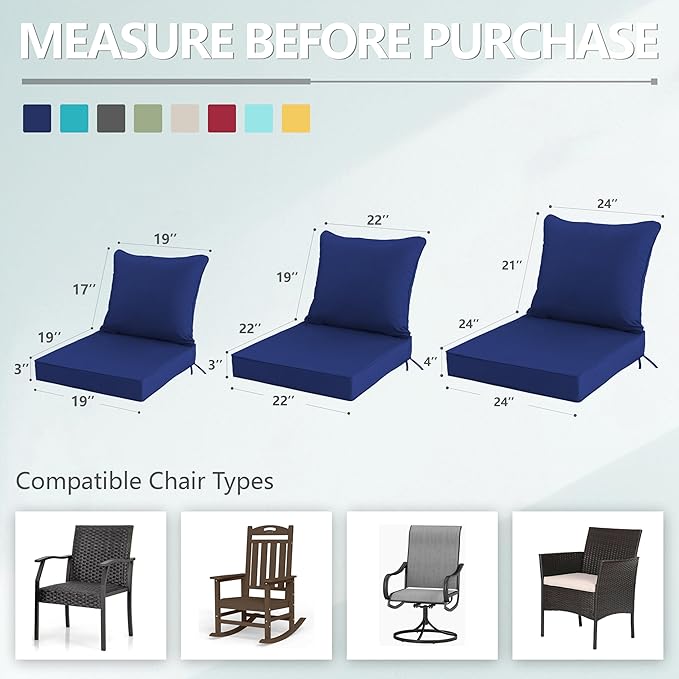 24x24 Inch Outdoor Chair Cushions Set of 4, Patio Furniture Cushions - Removable Cover, Water-Repellent, Fade-Resistant, Non-Slip Bottom & Straps, Replacement for Deep Seat Sofa & Couch - Navy