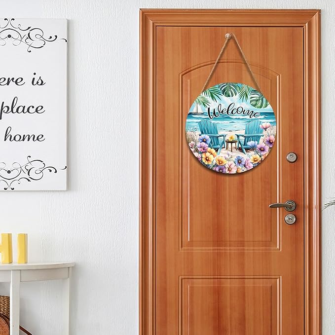 Welcome Spring Summer Sea Chair Door Sign For Front Door Decor,Coastal Beach Palm Leaf Flowers Wooden Sign 12"x 12" Round Summer Hanging Door Sign Decoration for Wall Rustic Decor