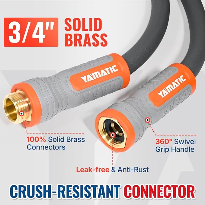 YAMATIC Heavy Duty Garden Hose 5/8 in x 30 ft with Swivel Handle, Super Flexible Water Hose, All-weather, Lightweight, Burst 600 PSI, Gray