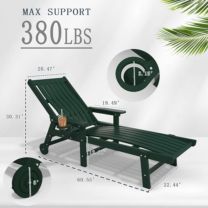 Patio Chaise Lounge Chair, Oversized Lounge Chair Outdoor with 5 Positions, HDPE, Patio Lounge Chair with Wheels & Cup Holder for Pool, Deck, Poolside,Green