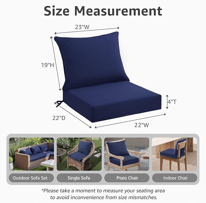 Outdoor Seat Cushion Set 22 x 22 x 4 Inch, Waterproof & Fade Resistant Patio Furniture Cushions with Removable Cover and Ties, Thick Deep Seating Pads for Outside Chair Sofa Couch, Dark Blue
