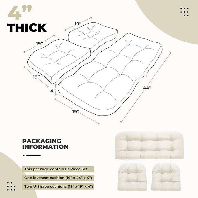Wicker Chair Cushions, Waterproof Outdoor Loveseat Cushions for Patio Furniture, 3 Pieces Wicker Furniture Cushions, 1 Loveseat and 2 U-Shaped Cushions, Cream