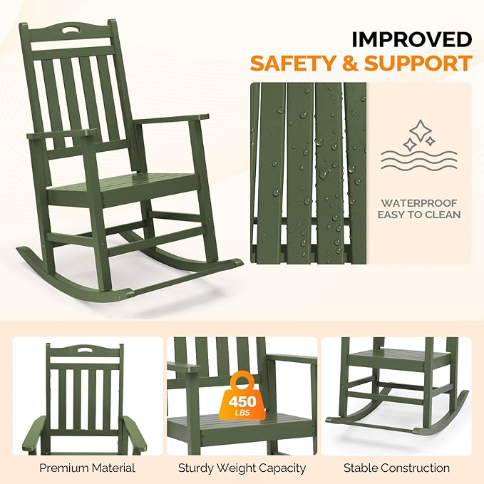 VINGLI Outdoor Rocking Chair with Footrest, Wooden Rocking Chair with 450 LBS Weight Capacity, Patio Rocker with Comfortable Backrest for Garden, Yard (Dark Green, 2PCS)