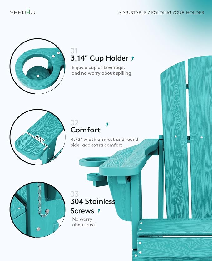 SERWALL Folding Adirondack Chair Set of 2, Adjustable Adirondack Chair with 3 Recline Positions, All Weather HDPE Outdoor Adirondack with Cup Holders, Aruba
