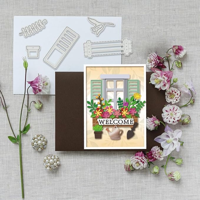 BENECREAT 2pcs Windowsill Garden Cutting Dies, Window Flower Beds Plants Stencils Decorative Embossing Stencils for Scrapbooking, Photo Album, Greeting Card Making, 0.8mm Thick