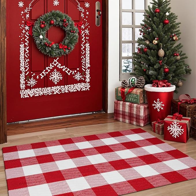 MUBIN Christmas Door Mat Outdoor 27.5 x 43 Inch Red White Plaid Plaid Rug Christmas Decor Rug Cotton Hand-Woven Layered Door Mats Washable Carpet for Front Porch, Kitchen, Farmhouse, Entryway
