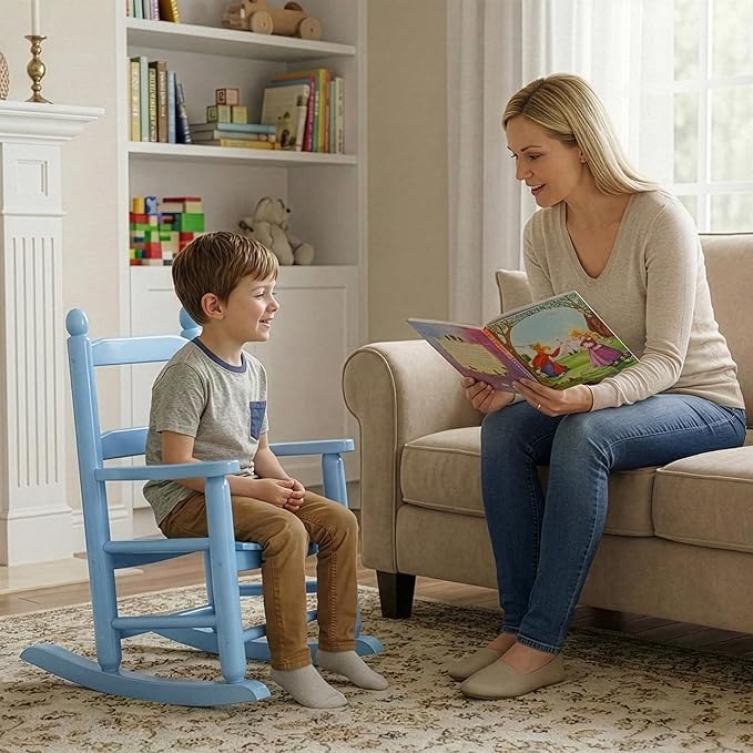 Outvita Kids Rocking Chair, Ergonomic Sturdy Toddler Rocking Chair with High Backrest & Rounded Armrests, Safe Solid Wood Baby Rocker Chair for Age 3-6, Outdoor,Living Room, Reading Room(Blue)