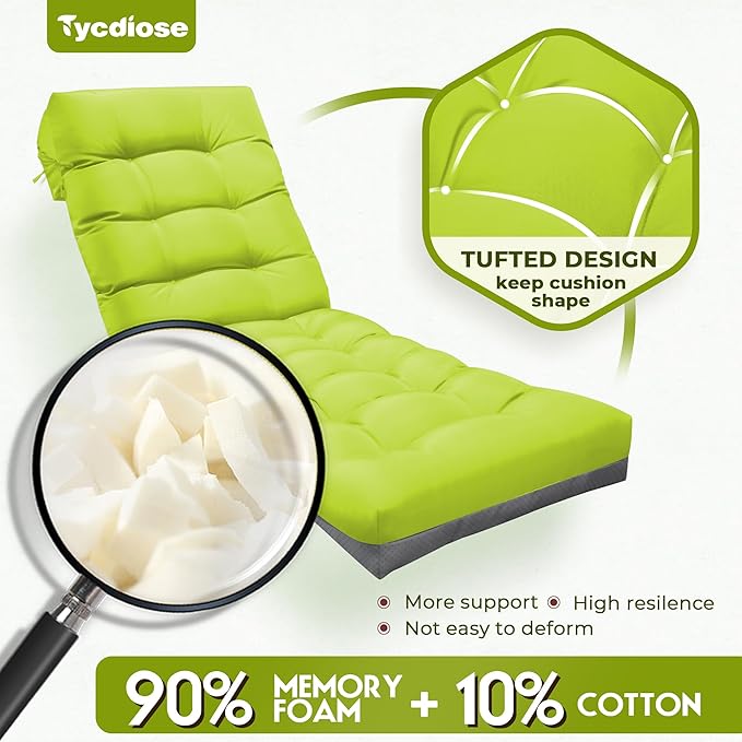 Outdoor Lounge Chair Cushion, Waterproof Thickened Chaise Lounge Cushions for Outdoor Furniture 71 x 22 x 4.7 Inches Non-Slip Patio Pool Lounge Chair Cushions with Ties (Light Green)