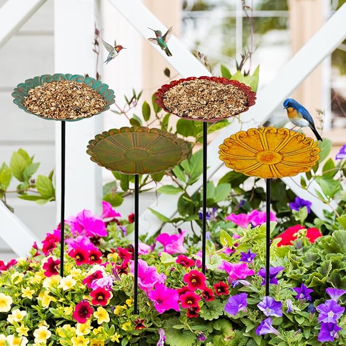 DREAMSOUL Flower Bird Bath with Metal Stake, Small Bird Baths for Outdoors Birdbath Set for Bird Lovers Garden Decoration (4 PCS)