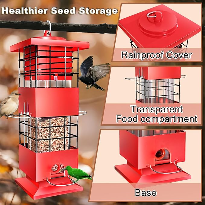 Squirrel Proof Bird Feeders for Outdoors, 3 LBS Large Birdfeeders Outside Hanging, Metal Bird Feeder with 4 Feeding Ports, Weight Activated Backyard Wild Bird Feeders for Finch, Cardinal, Bluebird