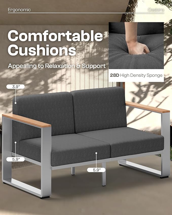 Outdoor Aluminum Loveseat, Modern Patio Patio Furniture with Wide Seat and Thick Cushions, All-Weather Oversized Couch for Deck, Porch