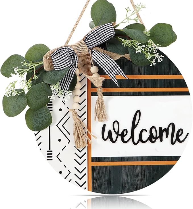 CHDITB Boho 3D Welcome Front Door Wreath Sign(12"x12"), Farmhouse Porch Door Decor Sign with Eucalyptus Leaves Plaid Bow Bead, Rustic All Year Seasons Door Hanger Decoration Hanging for Office Home