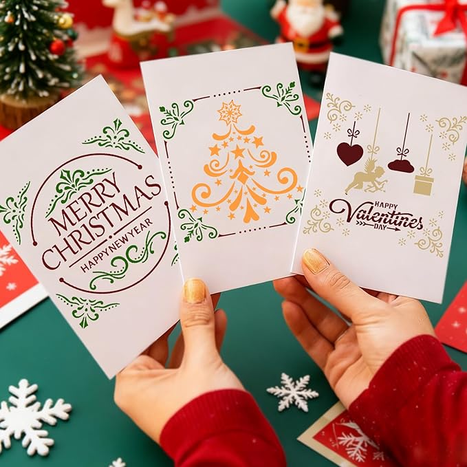 12Pc Christmas Stencils for Painting On Wood, Christmas Stencils for Crafts Reusable, Xmas Decorations Drawing DIY Art Craft Home Decor Wall, Windows, Deer Snowflakes Pinecones Decor(Christmas B)
