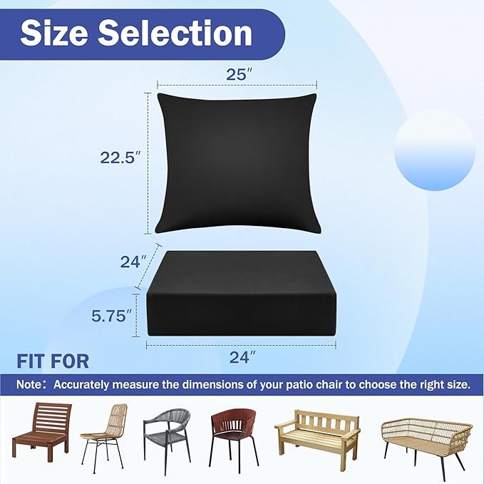 Outdoor Seat Cushion Set, Waterproof & Fade Resistant Patio Chair Cushions, Outdoors Cushion for Patio Furniture, 24 x 24 x 5.75 Inch, Outdoor Couch Cushions with Handle and Ties, Black