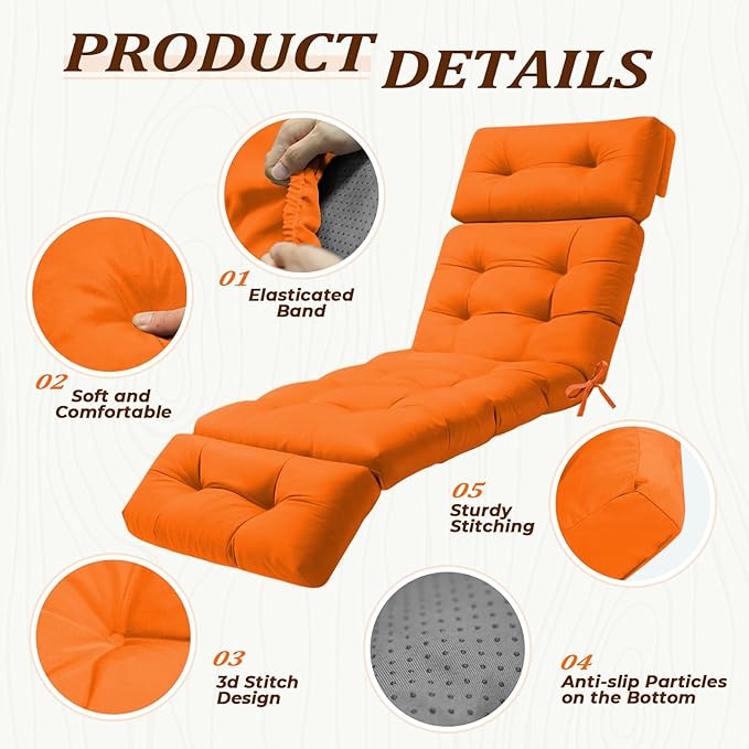 Waterproof Long Lounger Chair Cushion Outdoor Chaise Lounge Chair Cushionswith Ties, Patio Recliner Thickened Lounge Chair Cushions for Indoor 74.4 x 22 x 4.7 Inches,Cushion Only (Orange)