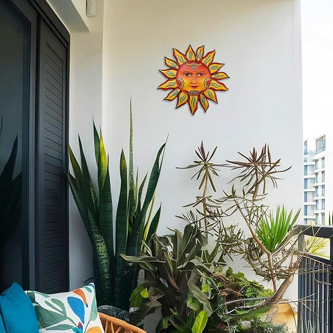 Metal Sun Flower Wall Decor - 13 inches Sun Wall Art Hanging Decorations for Outdoor, Home Garden Yard Patio Fence Bedroom Decor, Gifts for Mom Friends
