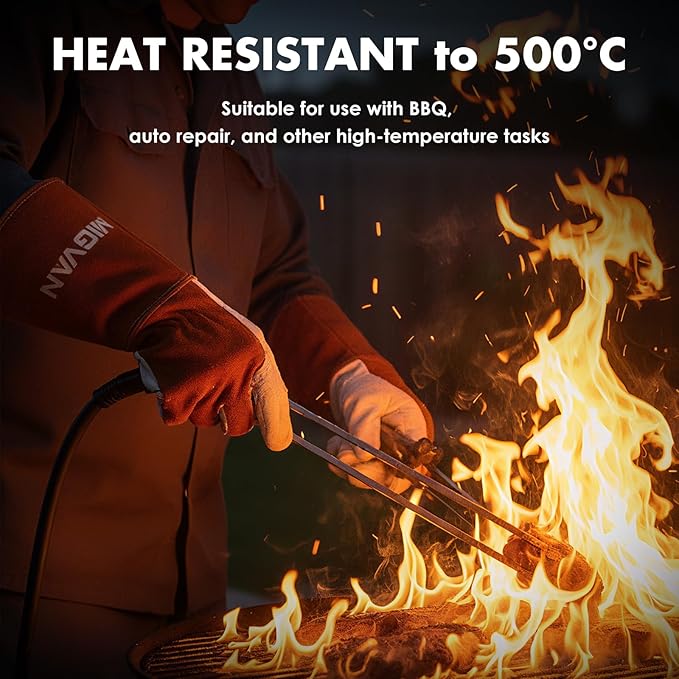 Leather MIG Welding Gloves, 16 Inches IN L/XL/XXL, Heat Resistant and Fireproof Stitching Gloves for Stick, Mig, Tig, Forge, BBQ, Grill, Fireplace, Wood Stove, Furnace, Oven, Pot