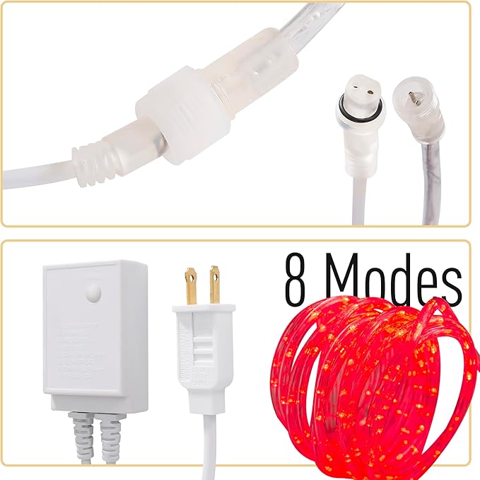 Waterproof LED Rope Lights, Connectable & Flexible with 8 Modes, Outdoor Lighting for Deck, Garden, Pool, Patio & Christmas Decor (RED, 20ft)