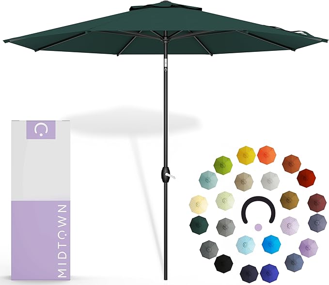 Midtown Umbrellas - 10-Year-No-Fade 8 Ft Patio Umbrella with Terylast Fabric, Auto-Tilt Aluminum Frame and 8 Reinforced Ribs for Deck, Pool, Garden & Beach - Forest Green Canopy, Black Pole