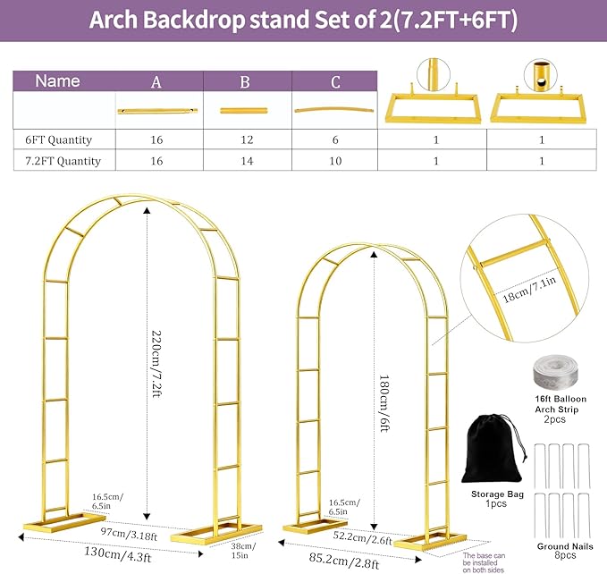 Metal Garden Arch Trellis Arbor Set of 2, 7.2FT+6.6FT Wedding Arch Stand with Steel Frame, Metal Pergola Arbor with Base for Decor Valentines Day Garden Trellis Climbing Plant, Bridal Party Ceremony