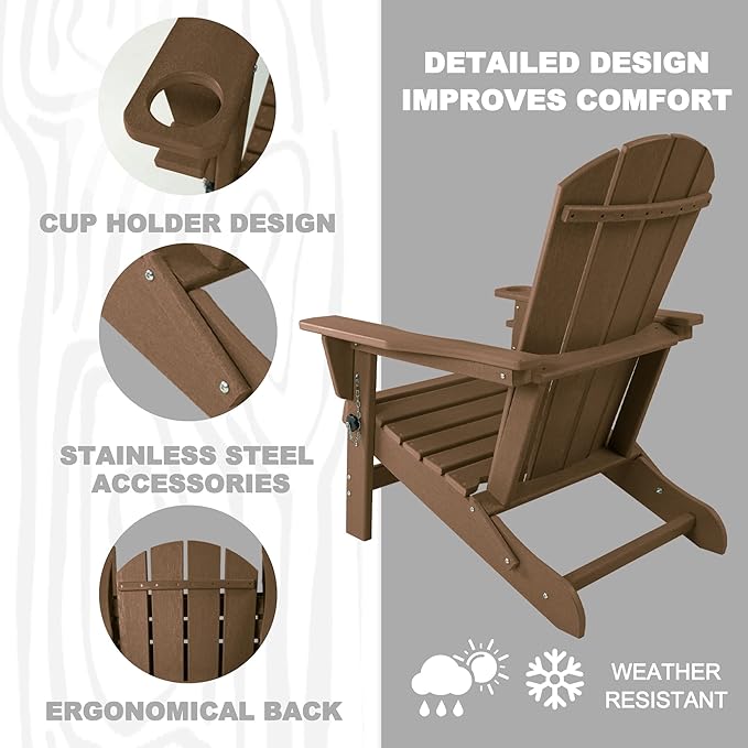Kozyard Folding Adirondack Chair, Patio Outdoor Chairs, HDPE Plastic Resin Deck Chair, Painted Weather Resistant, for Deck, Garden, Backyard & Lawn Furniture, Fire Pit, Porch Seating (Taupe)