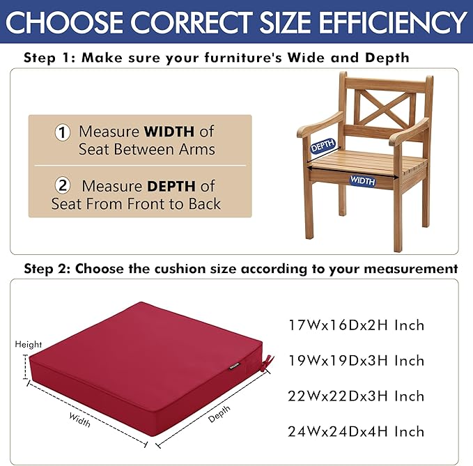 Outdoor Chair Cushions 16 x 17 Inch, Set of 6, Waterproof Patio Chair Cushions with Tie 5 Year Color Fastness Thick Outdoor Seat Cushion for Garden Lawn Patio Furniture Burgundy