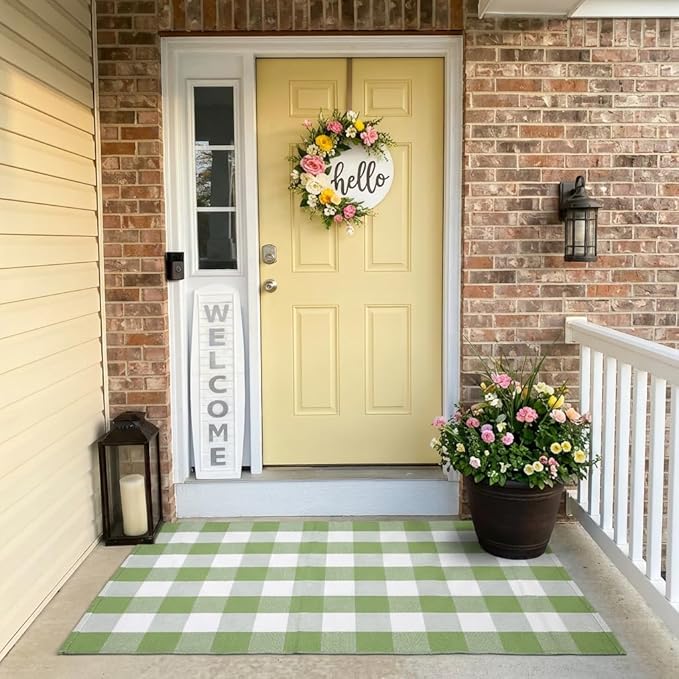 SEEKSEE Cotton Buffalo Plaid Rug 3'x5' Grass Green and White Checked Rug Washable Doormats Indoor Outdoor Rugs for Layered Front Door Mats, Porch, Kitchen, Farmhouse, Entryway