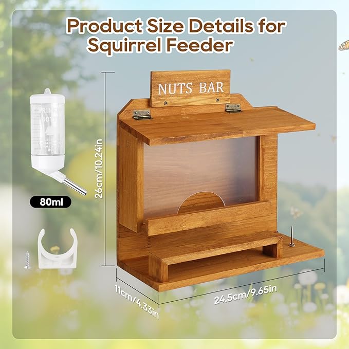Hanging Squirrel Feeders for Outside, Large Squirrel Picnic Table Feeder with Water Bottle, Funny Nuts Bar Squirrel Feeder, Wooden Chipmunk Feeder Box, No Assembly Required