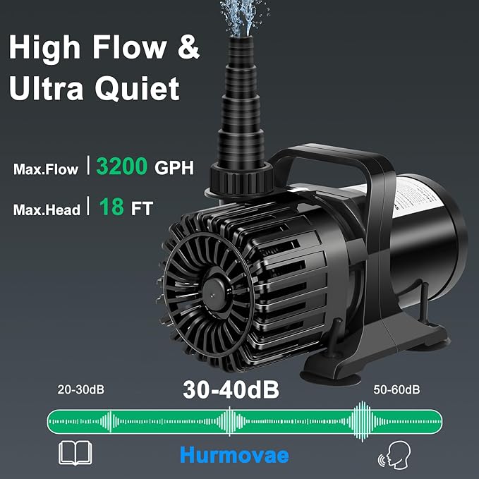 150W 3200GPH Submersible Pond Pump for Outdoor Ponds, with 180° Adjustable Outlet, Barrier Bag & 20FT Power Cord, Ultra-Quiet Fountain Pump, Waterfall Pump, UL Listed