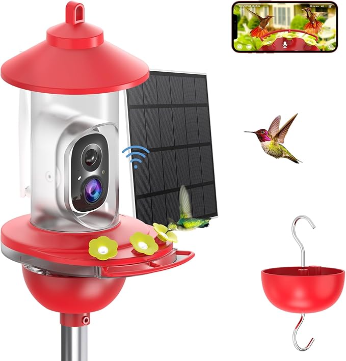 SOLIOM Hummingbird Feeder with Camera Solar Power, 2K Smart Hummingbird Feeder Camera Solar Powered with AI Identify, Ant Moat Pole Holder, Auto Detect, Ideal Gift for Hummingbird Lover (20 oz)
