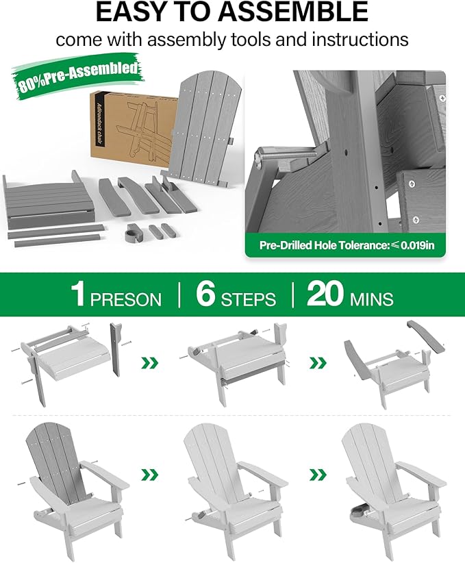 YEFU Adirondack Chair, Oversized Plastic Adirondack Chair Folding Outdoor Chairs with Cup Holder, Lawn Chair with Weather Resistant for Outside Deck Lawn Garden, Weight Capacity Up to 400 Lbs –Grey