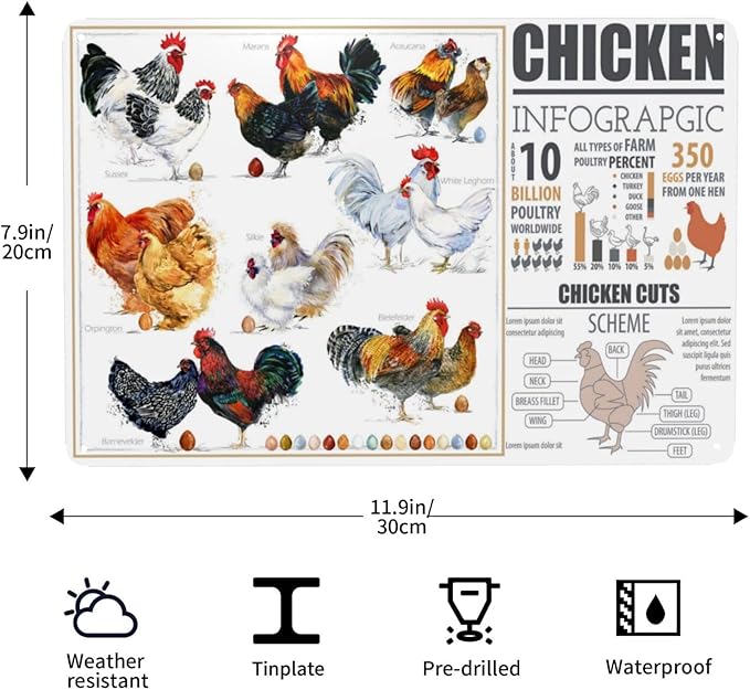 Chicken Breed Vintage Metal Tin Sign Retro Rustproof Funny Art Wall Decor Gift 8x18 Inch