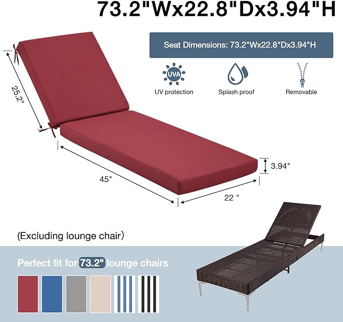 HOMREST 73.2x22.8x3.94 inches Lounge Chair Cushion,Outdoor Chaise Lounge Cushion with Splash Fade Tear Resistant Fabric, Wine Red