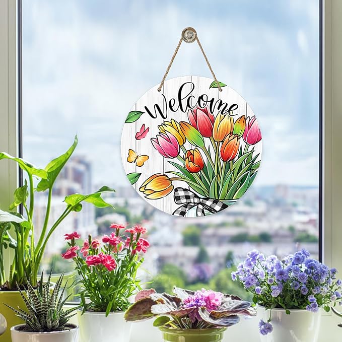 Welcome Spring Summer Tulip Flowers Front Door Sign, Floral Butterfly Mason Jar Wood Door Hanger Outdoor Outside Porch Decor, Seasonal Farmhouse Wooden Wreath Indoor Wall Hanging Decoration