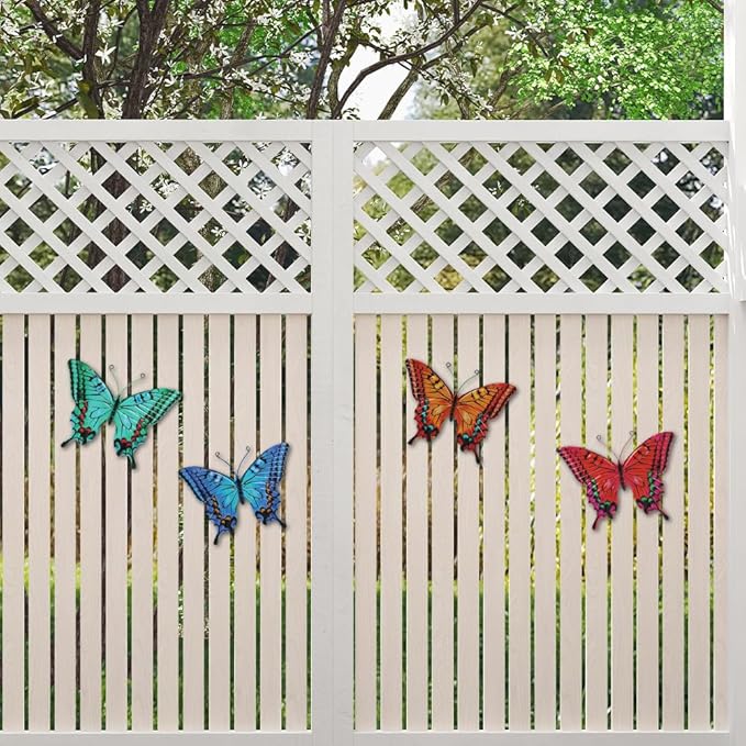 4 Pack Butterfly Wall Decor Art, Vivid Butterflies Outdoor Metal Wall Art with Colorful Pattern, Outdoor Garden Yard Fence Patio Decor Gift for Women Mom