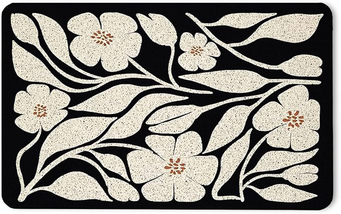 Boho Beige and Black Floral Door Mat - Bohemian Neutral Floral Front Door Welcome Mats Outdoor Entrance, 17x30 Rug